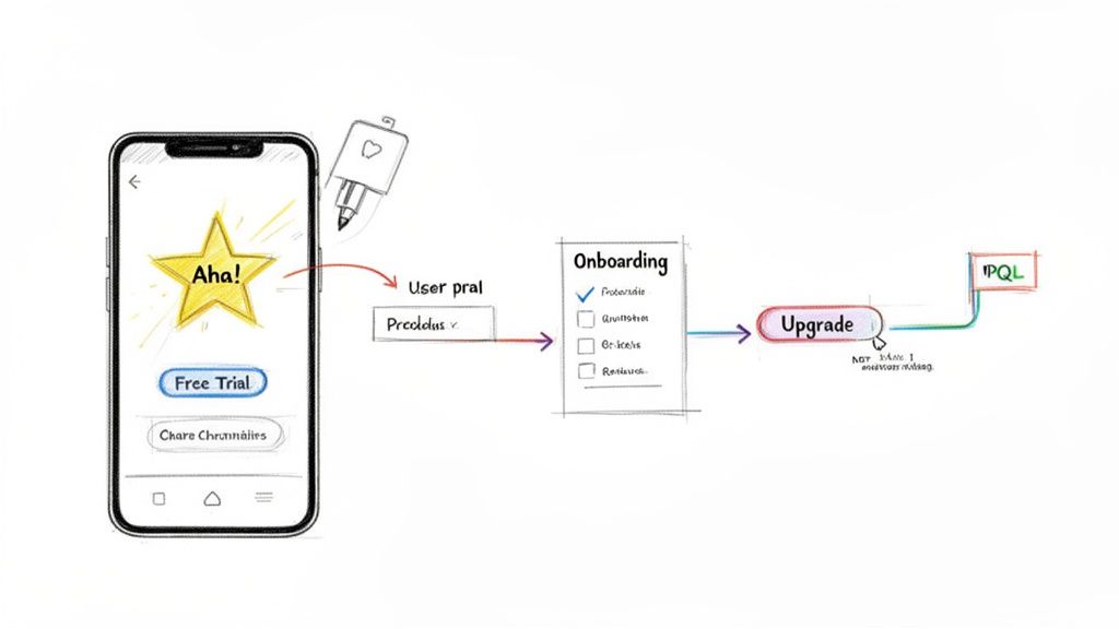Diagram illustrating a B2B SaaS user journey from mobile app engagement, free trial, onboarding to upgrade.