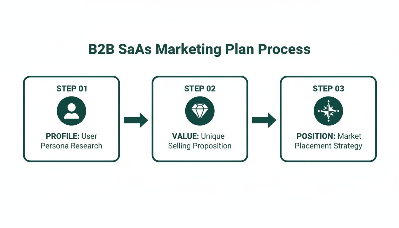 A B2B SaaS marketing plan process with three steps: user persona, unique selling proposition, and market strategy.