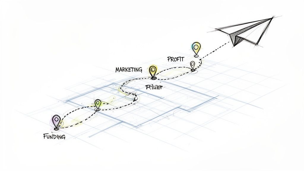 Hand-drawn business roadmap with a paper airplane flying past funding, marketing, and profit milestones.