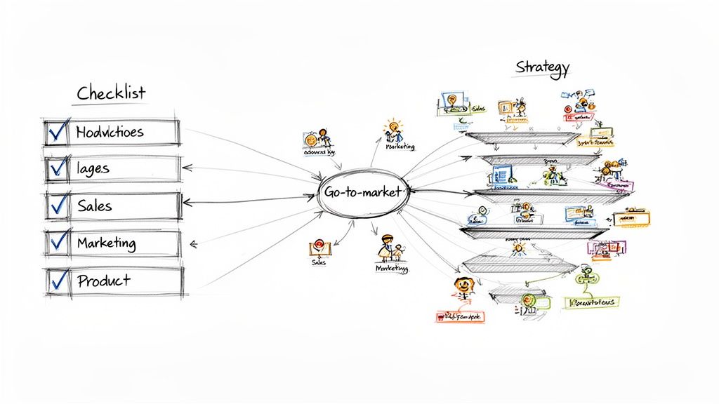 A hand-drawn diagram illustrating a Go-to-market strategy with a checklist and tiered strategic components.