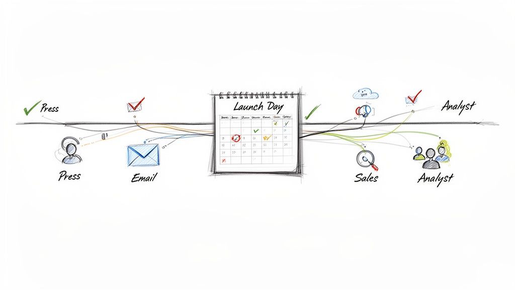 Hand-drawn diagram showing a product launch plan with a calendar, press, email, sales, and analysts.