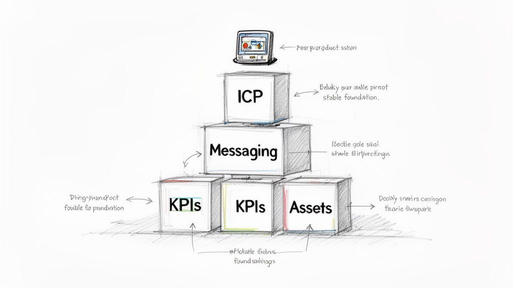 Sketch of a conceptual marketing strategy pyramid showing ICP, Messaging, KPIs, and Assets.