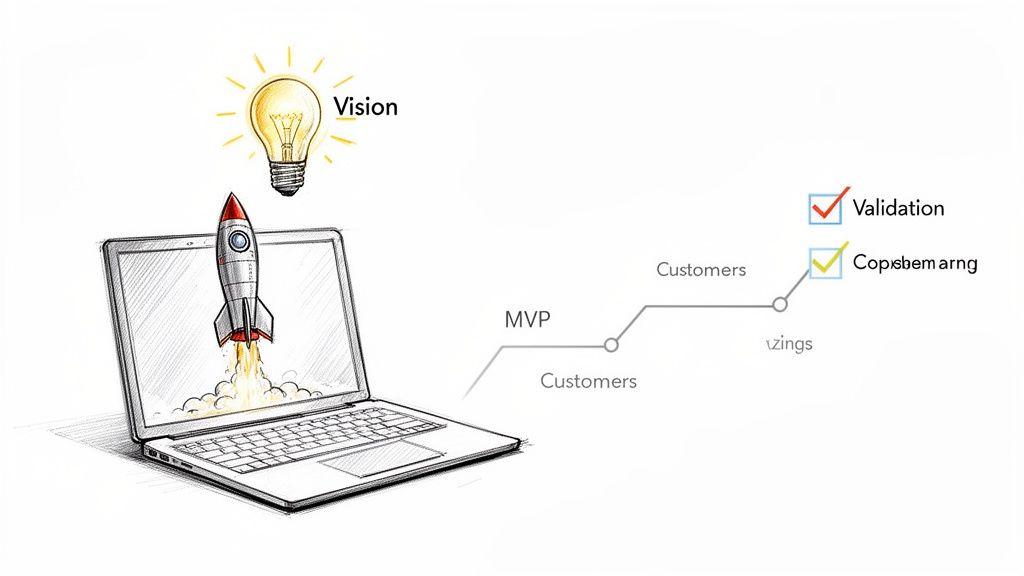 Illustration depicting a startup process from initial vision and product launch to MVP, customer feedback, and validation.