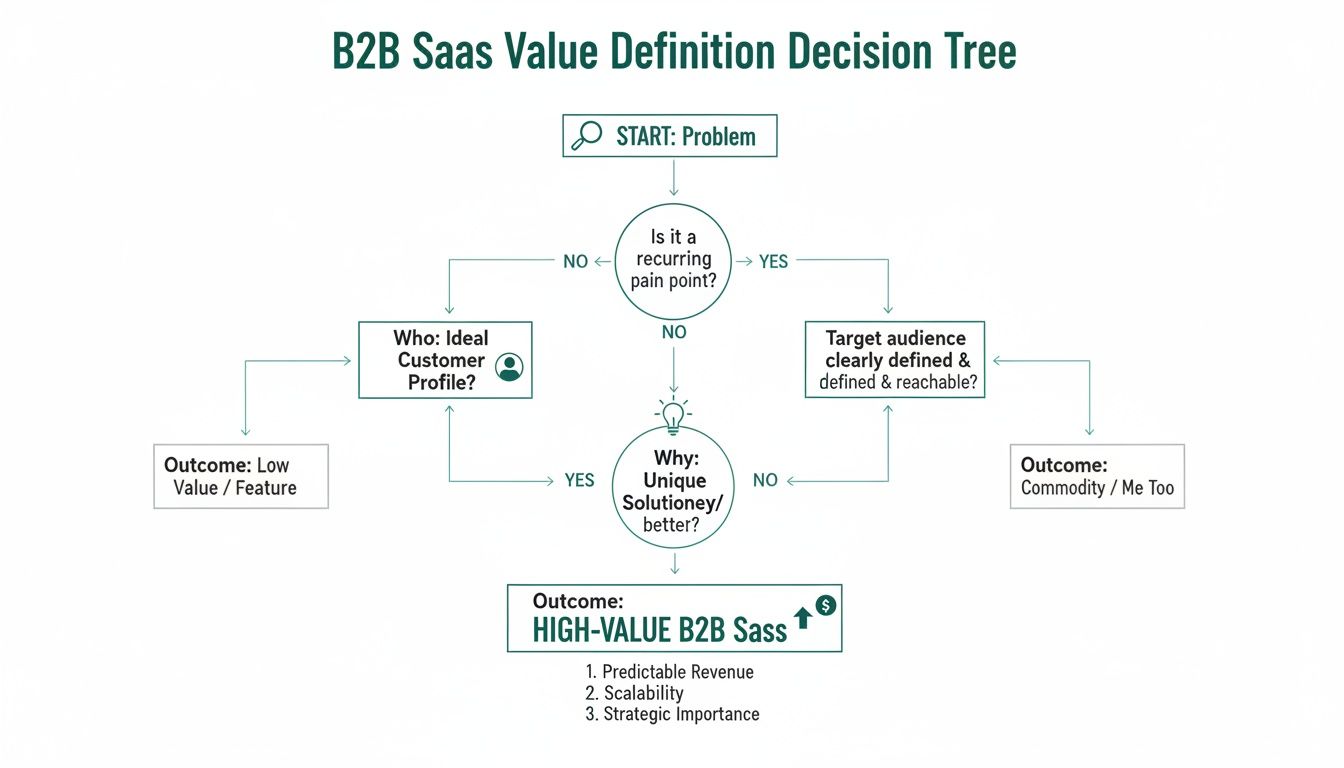 A flowchart illustrating the B2B SaaS value definition decision tree, guiding from problem to high-value SaaS.