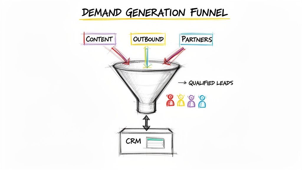 Demand generation funnel diagram showing content, outbound, and partners leading to qualified leads and CRM integration.