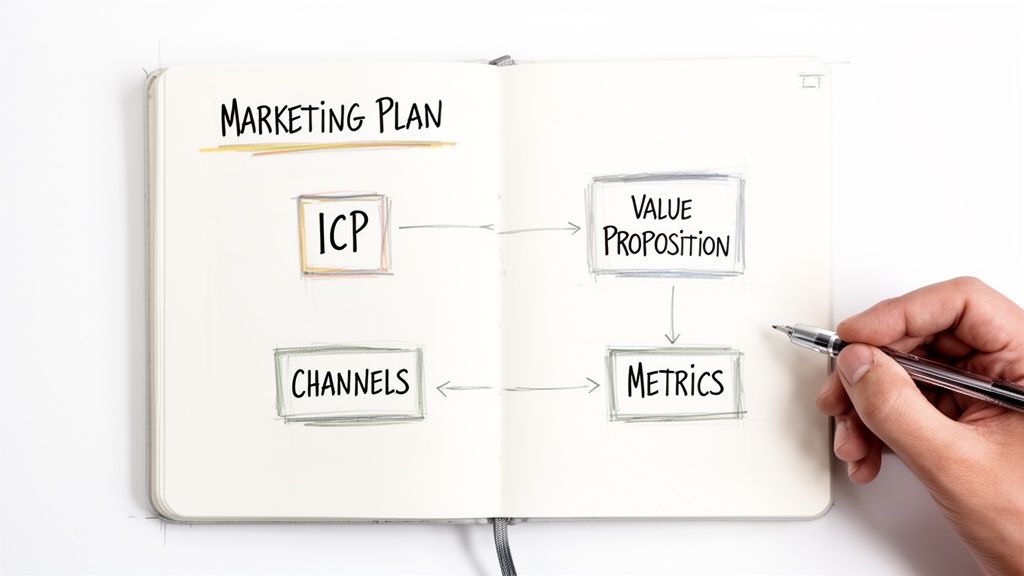 Hand drawing a marketing plan diagram in a notebook, outlining ICP, Value Proposition, Channels, and Metrics.