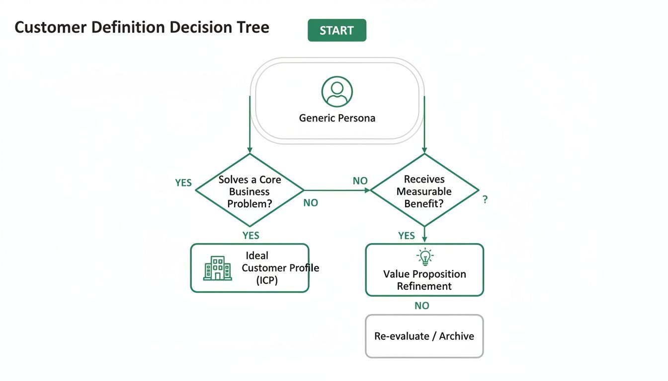 A customer definition decision tree flowchart illustrating the process from generic persona to ideal customer profile or value proposition refinement.