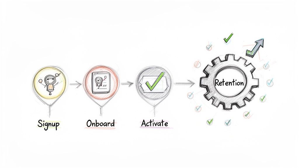 Hand-drawn diagram of a customer journey: signup, onboard, activate, leading to successful retention and growth.