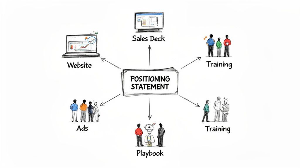 Diagram illustrating how a positioning statement influences website, sales deck, ads, playbook, and training.