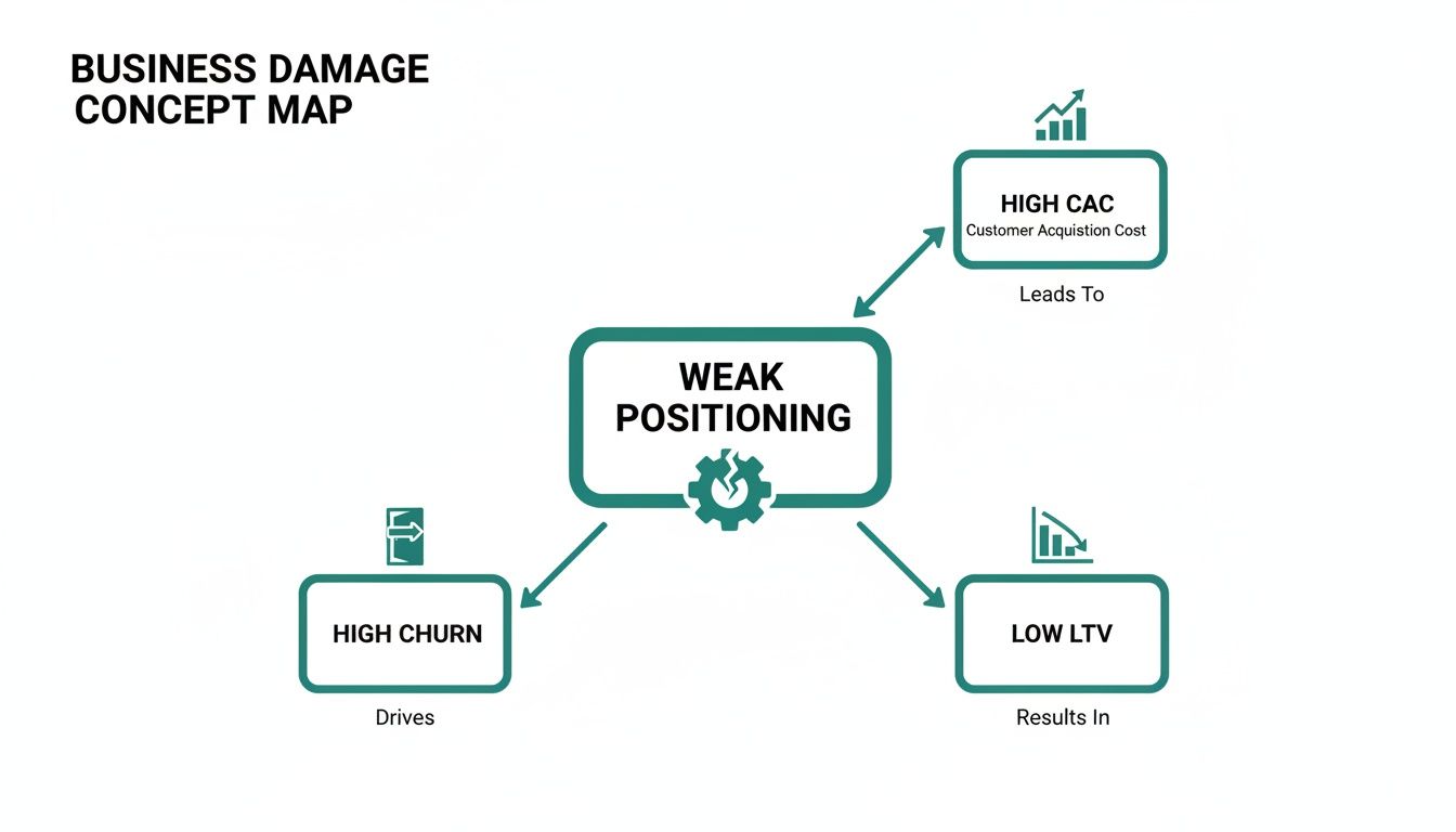 Business damage concept map illustrating weak positioning is driven by high CAC, high churn, and low LTV.