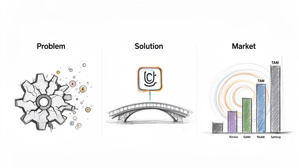 A pitch deck slide illustrating problem (broken gear), solution (bridge with logo), and market opportunity (bar chart).