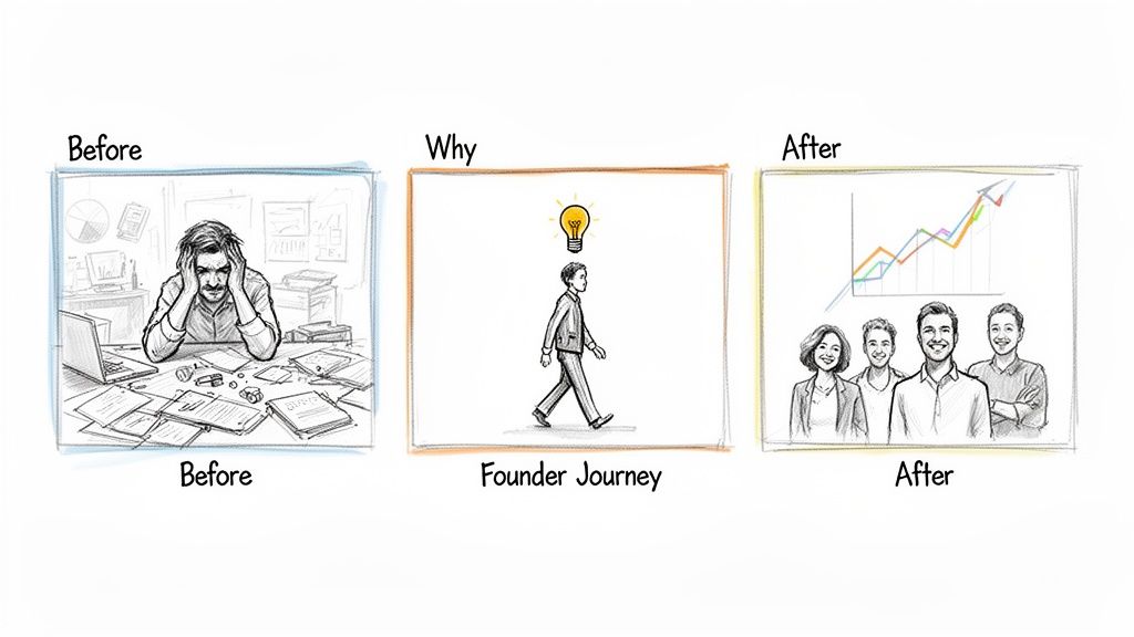 Illustration depicting a founder's journey from stress to having an idea, leading to a successful team.