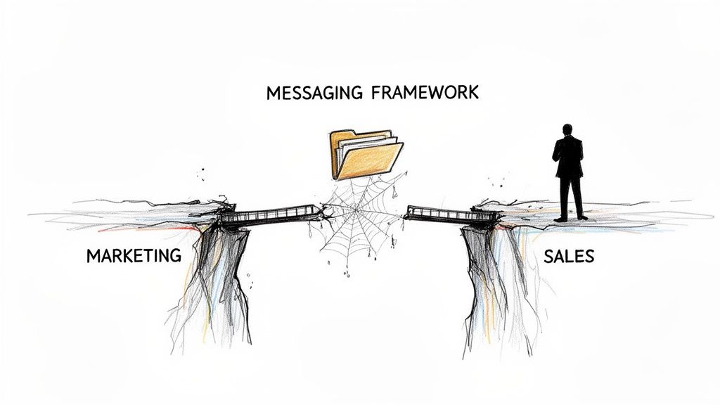 Messaging framework connecting marketing and sales, depicted as a folder above a broken bridge.