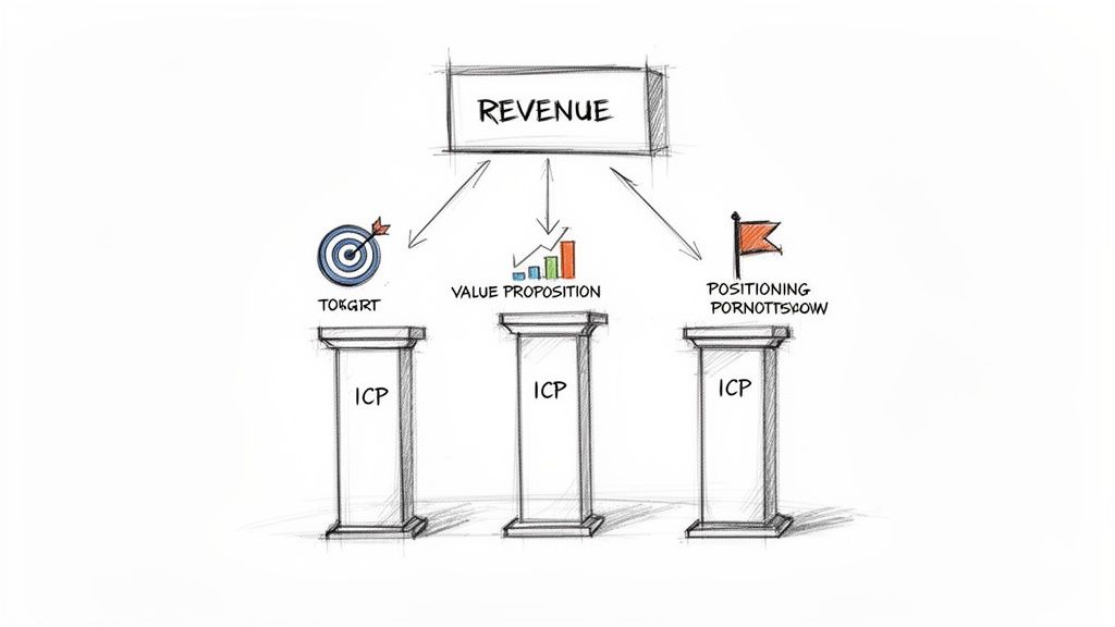 A sketch illustrating revenue supported by three pillars: target, value proposition, and positioning, all built on ICP.