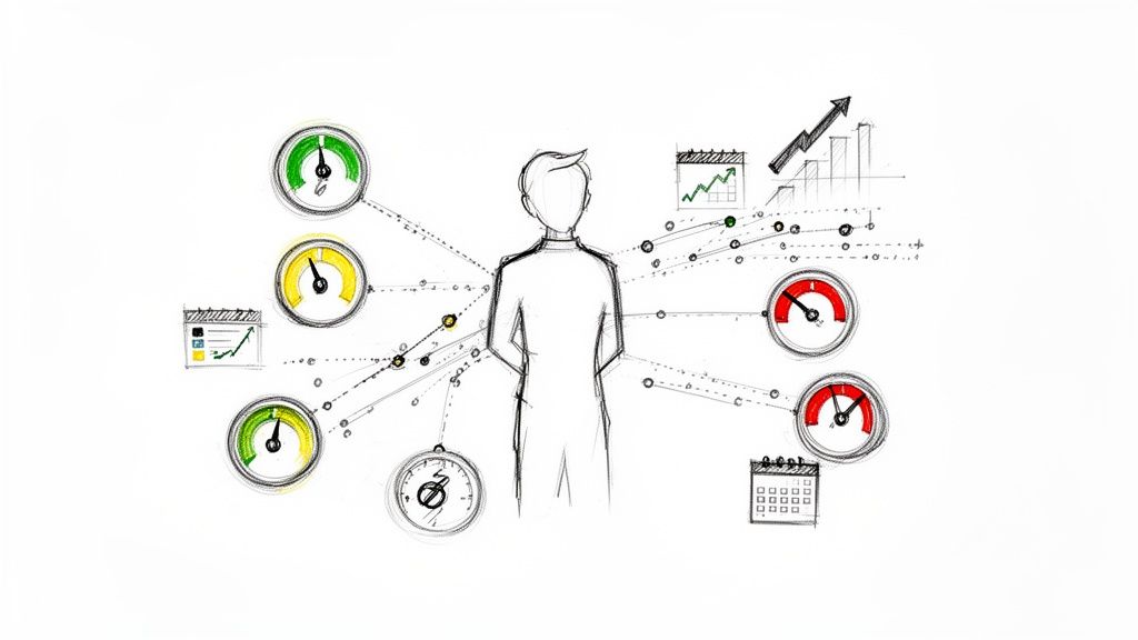 A sketch of a person surrounded by various gauges, charts, and calendars representing performance metrics and data.