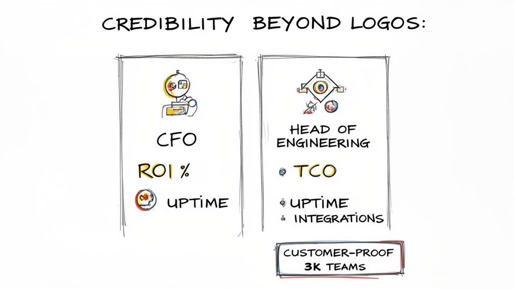 Whiteboard sketch illustrating key metrics for CFO and Head of Engineering to demonstrate business credibility.