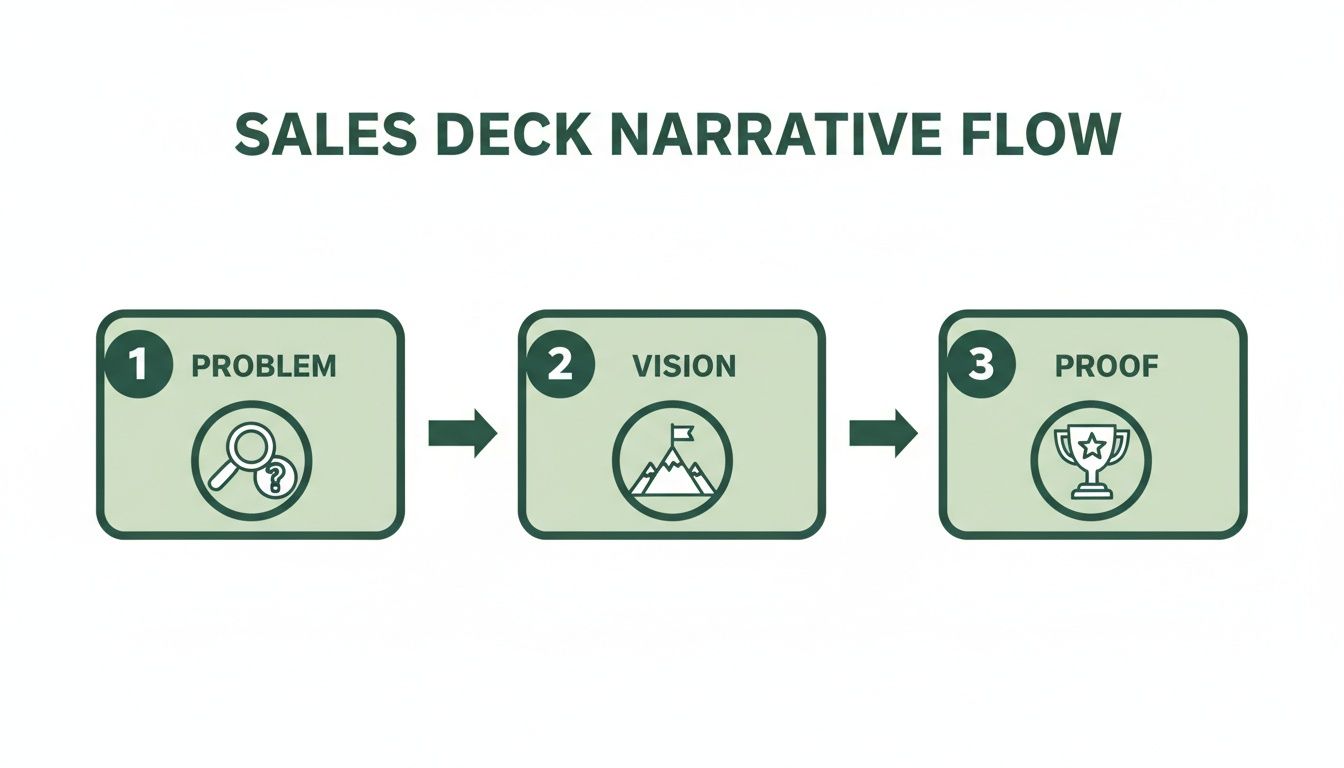 Diagram illustrating the sales deck narrative flow with problem, vision, and proof steps.