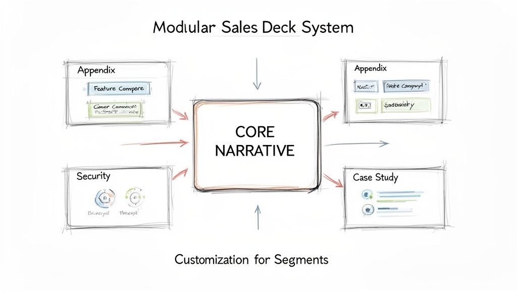 A diagram illustrating a modular sales deck system with a core narrative surrounded by customizable modules such as appendix, security, and case studies.