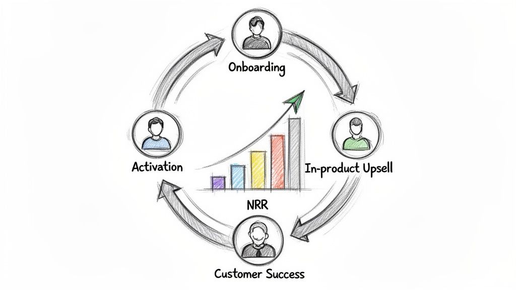 Customer lifecycle diagram showing Onboarding, Upsell, Success, Activation stages, with central NRR growth.