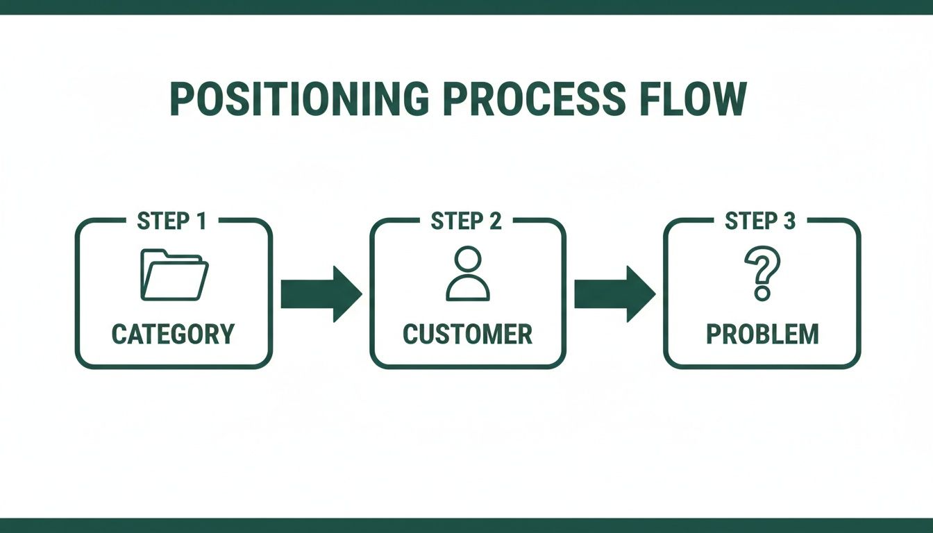Flowchart illustrating a three-step positioning process: Category, Customer, and Problem, connected by arrows.