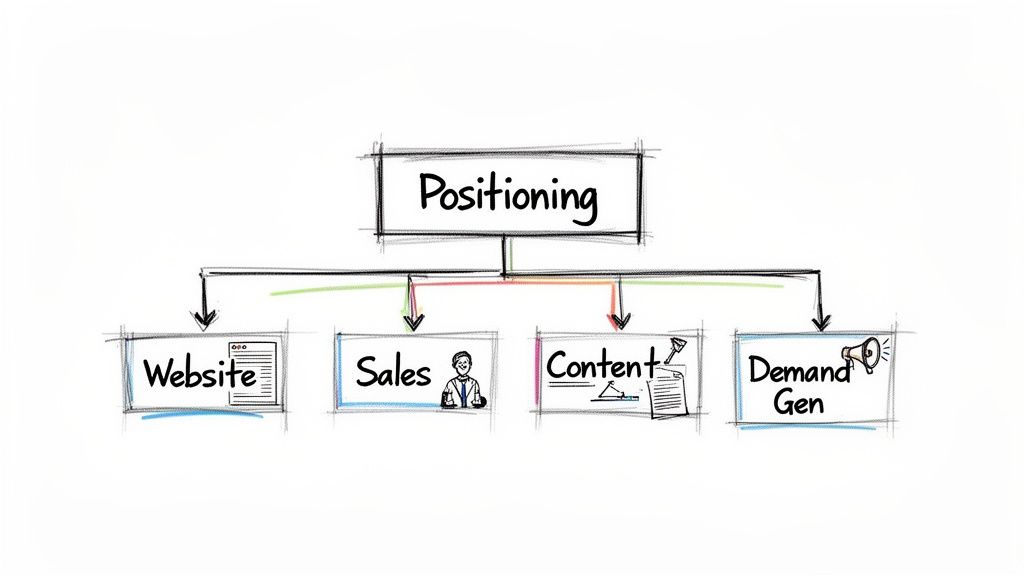 A hand-drawn flowchart diagram illustrating 'Positioning' as the central concept, branching out to 'Website', 'Sales', 'Content', and 'Demand Gen'.