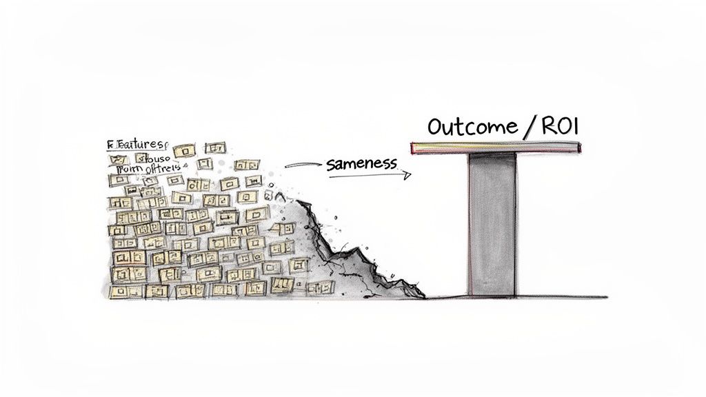 Hand-drawn illustration showing a wall of 'Features' crumbling, linked by 'sameness' to 'Outcome/ROI'.