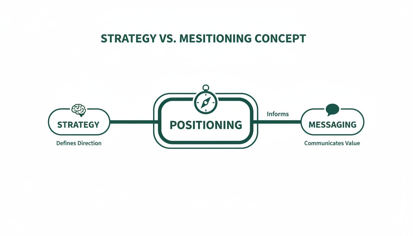 Diagram showing strategy defining direction, which leads to positioning, informing messaging to communicate value.