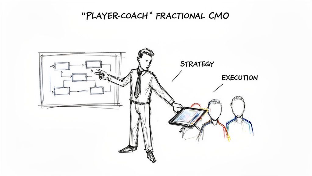 A player-coach fractional CMO guides a team on strategy and execution using a whiteboard and tablet.