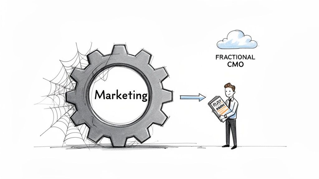A cobweb-covered 'Marketing' gear points to a 'Fractional CMO' holding a 'Play Books' folder.