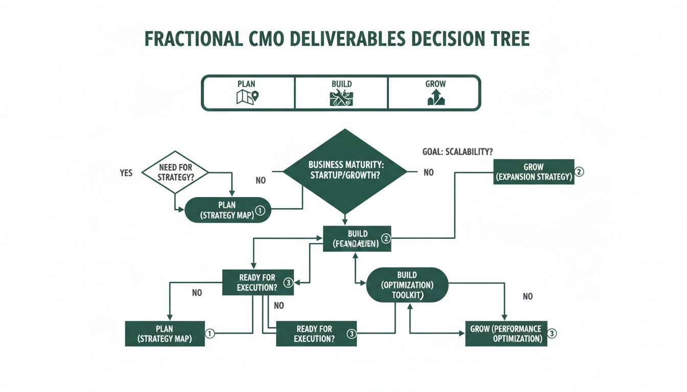 A decision tree flowchart illustrating Fractional CMO deliverables, outlining plan, build, and grow strategies based on business maturity.