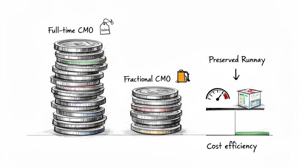 Illustration comparing the high cost of a full-time CMO salary to the lower cost and preserved runway of a fractional CMO.