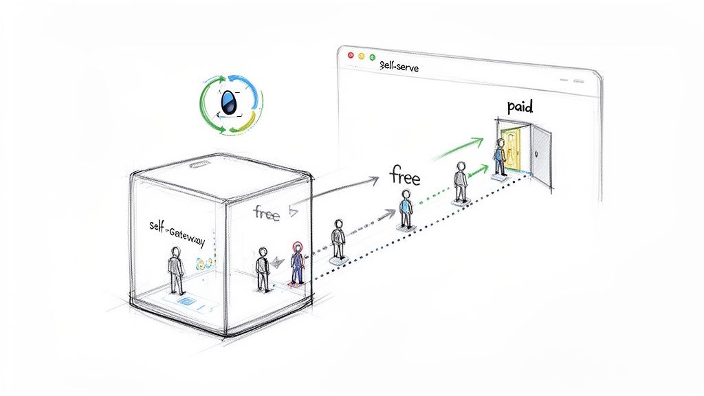 User flow showing demand generation through a self-gateway to free and paid self-serve tiers.