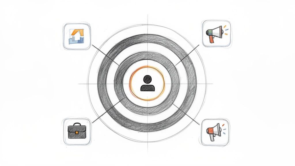 Visual representation of customer-centric demand generation, featuring a target with a person, property, business, and megaphone icons.