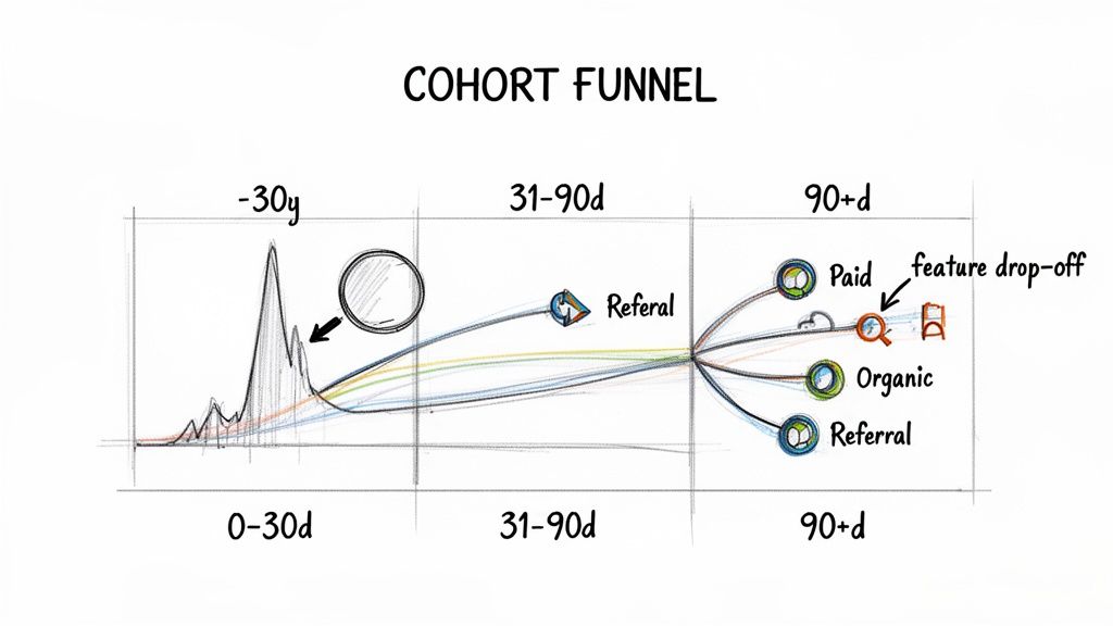 Cohort funnel diagram illustrating user engagement, drop-off, and acquisition channels over time.