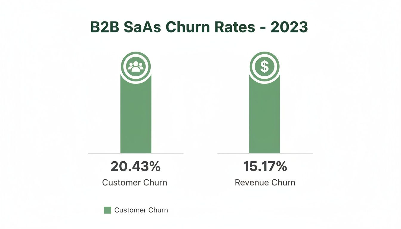 Bar chart displaying B2B SaaS churn rates for 2023, showing customer and revenue churn percentages.