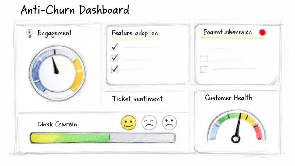 A hand-drawn anti-churn dashboard sketch displaying customer engagement, feature adoption, and health metrics.