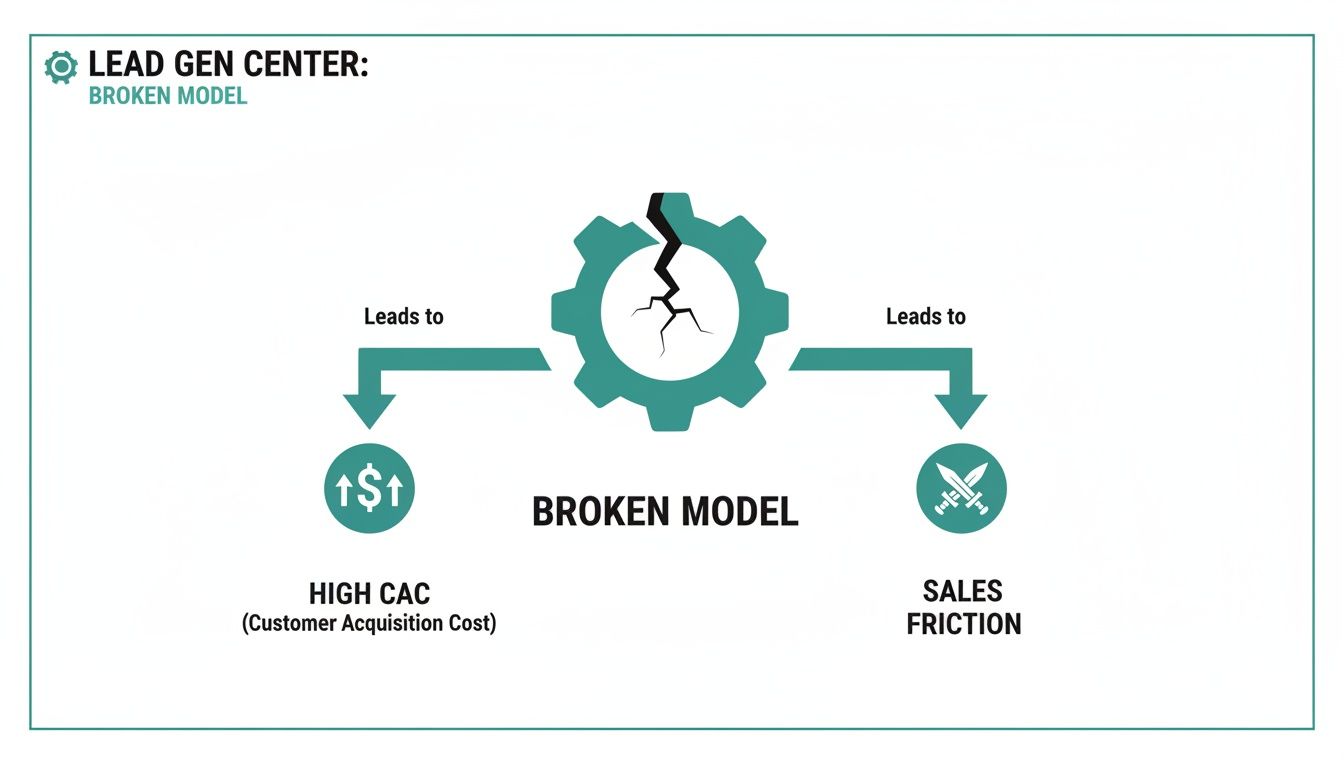 Diagram illustrating a broken lead generation model leading to high customer acquisition cost and sales friction.