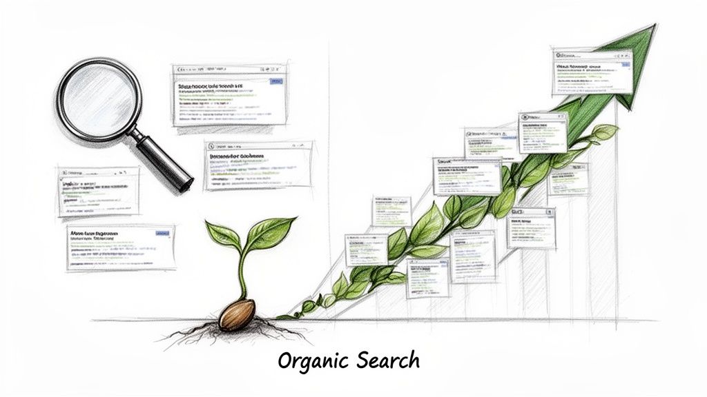 A sketch illustrating organic search growth with a magnifying glass, SERPs, and an upward trending plant.