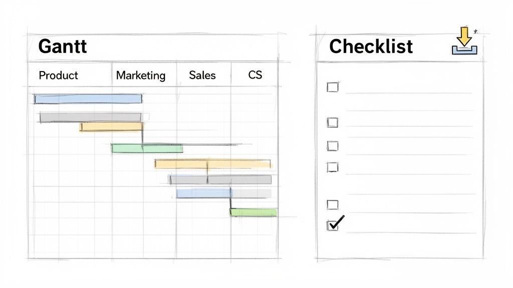 Hand-drawn Gantt chart visualizing tasks across product, marketing, sales, and CS, next to a checklist with one item complete.