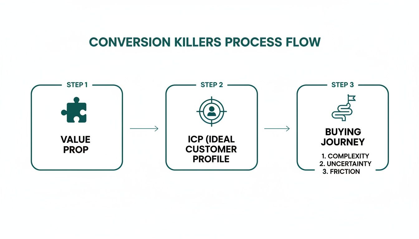 Flowchart illustrating conversion killers: value proposition, ideal customer profile, and challenges in the buying journey.