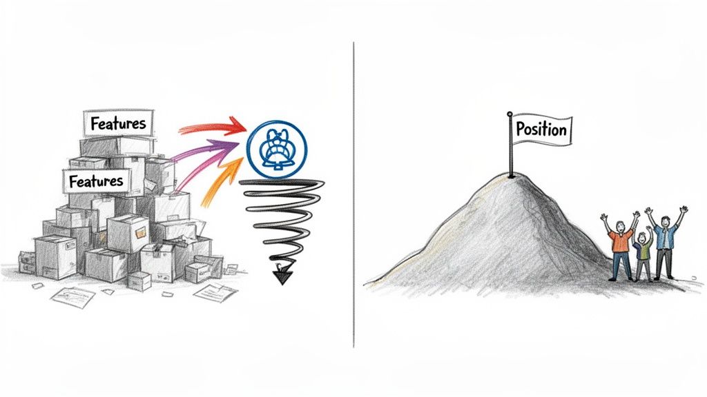 Two illustrations contrasting many product features funneled down versus a desired market 'Position' on a mountain.
