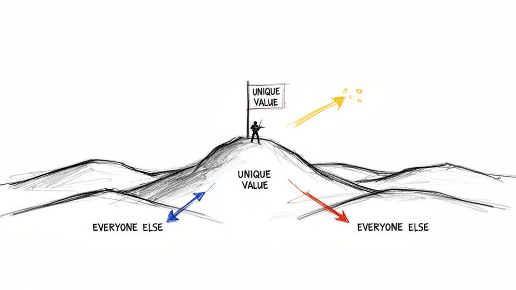 Diagram illustrating unique value proposition: a figure on a peak, above the masses of 'everyone else'.
