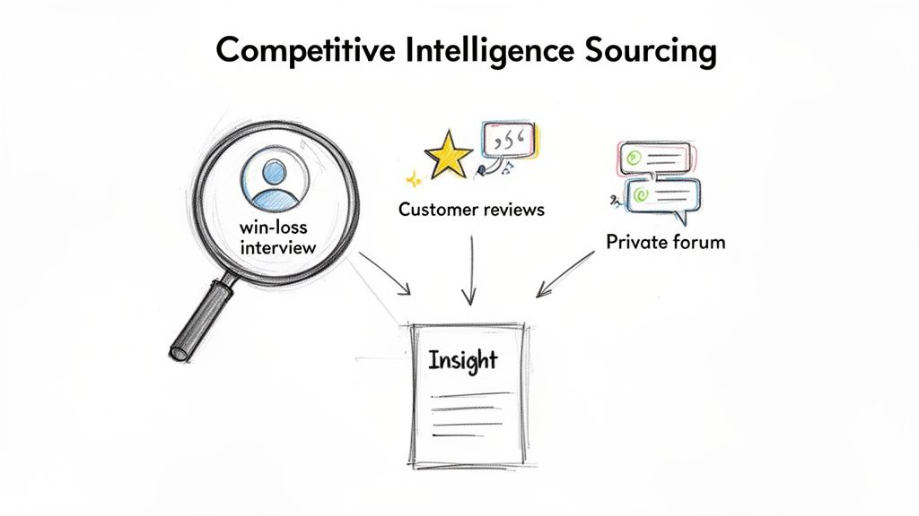 Diagram illustrating competitive intelligence sourcing methods: win-loss interviews, customer reviews, and private forums, all generating insights.