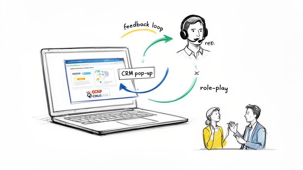 Diagram showing a sales representative's workflow with CRM pop-ups, feedback loop, and role-play training.