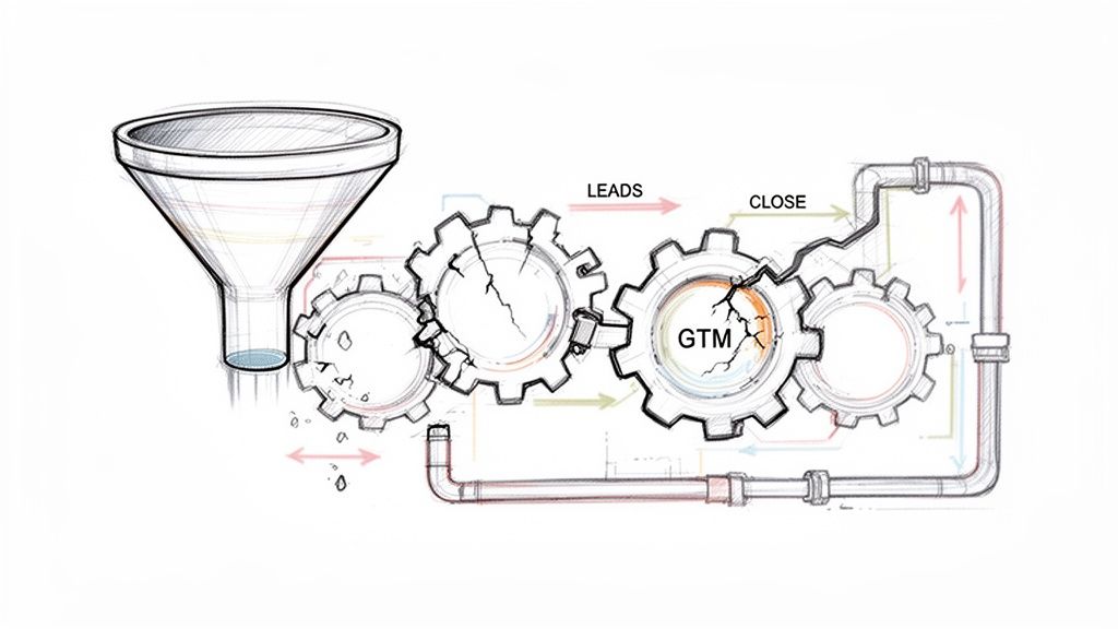 A hand-drawn diagram illustrating a broken GTM sales funnel with cracked gears and leaky pipes, depicting an inefficient process.