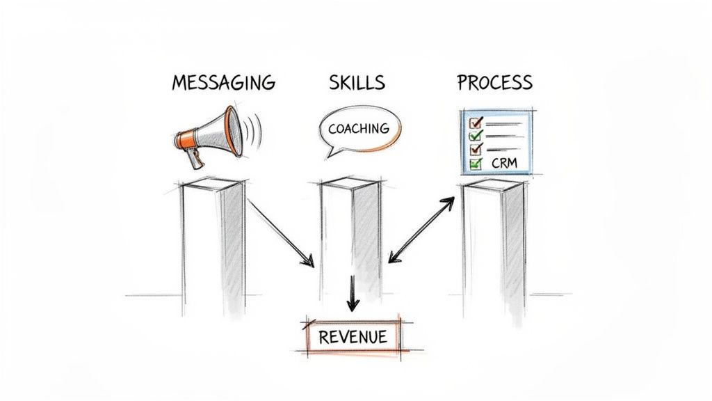 A sketch illustrating how Messaging, Skills (Coaching), and Process (CRM) drive business revenue.