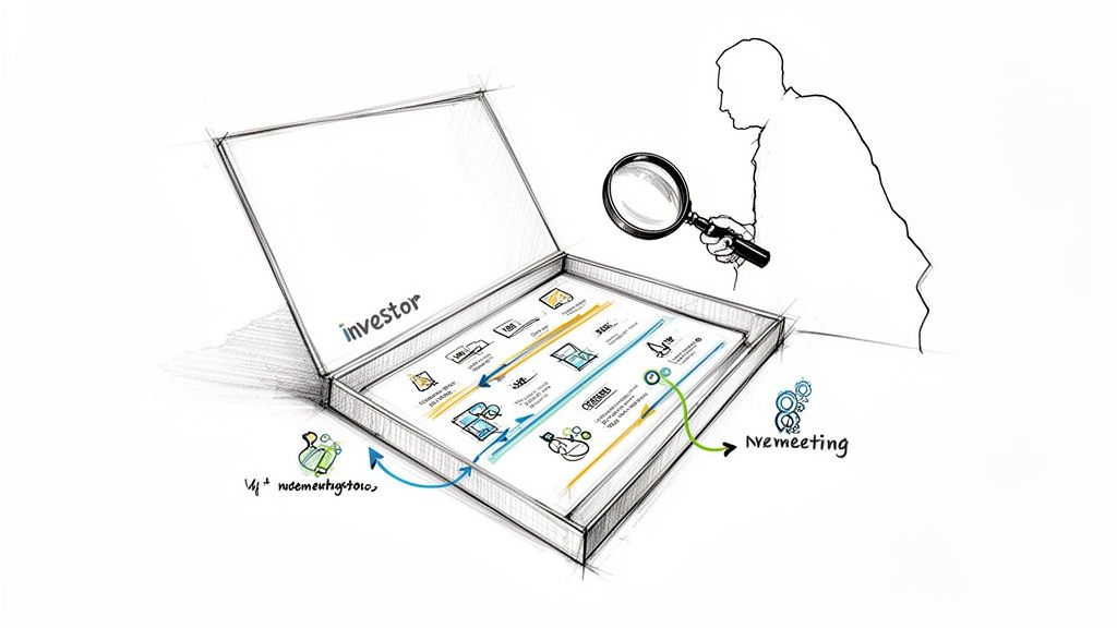 An illustration of an investor analyzing a detailed pitch deck presented in an open box.