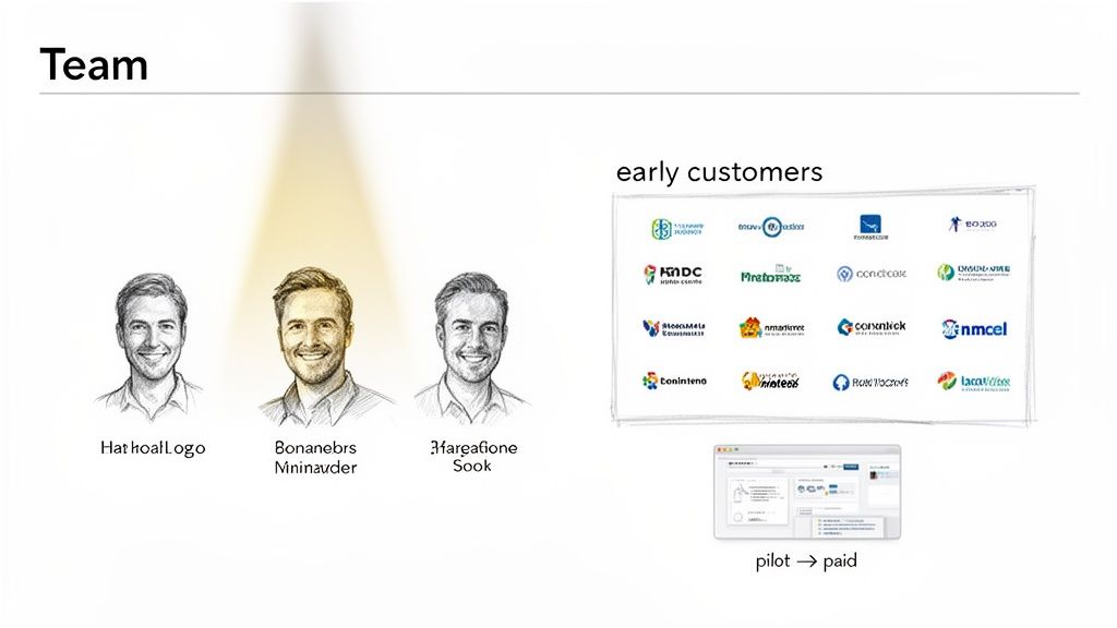 Investor pitch deck slide featuring three team members, a list of early customer logos, and a pilot to paid software interface.