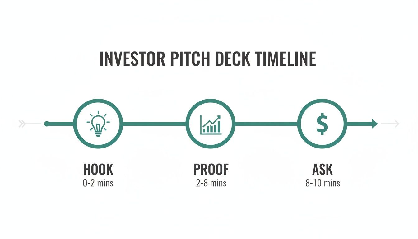 Timeline for an investor pitch deck, detailing Hook, Proof, and Ask stages with their recommended durations.