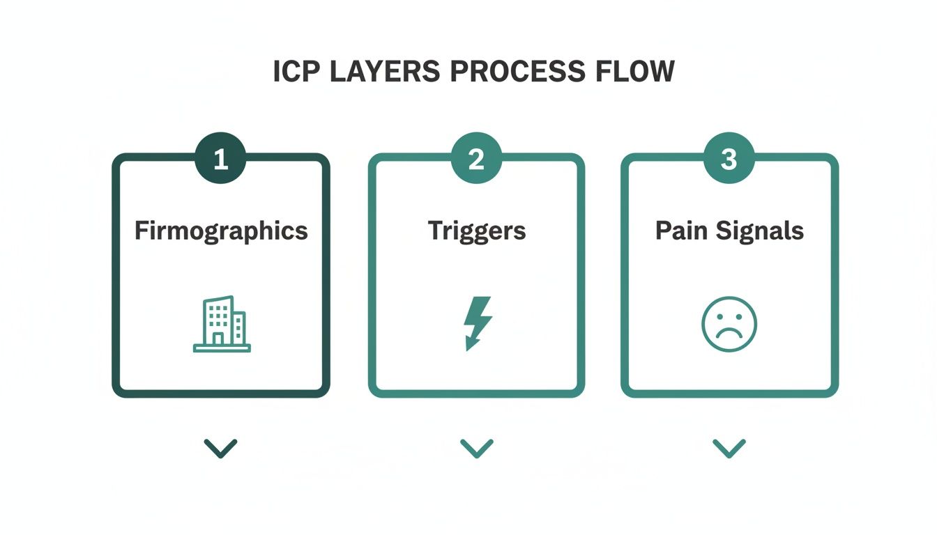A three-step ICP Layers Process Flow diagram illustrating firmographics, triggers, and pain signals.
